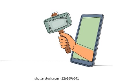 Continuous one line drawing hand holding prehistoric stone hammer through mobile phone. Concept of mobile games, e-sport, entertainment application for smartphones. Single line draw design vector