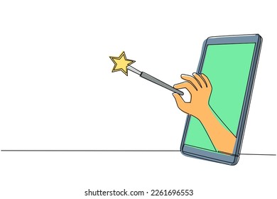 Continuous one line drawing hand holding magic wand through mobile phone. Concept of mobile games, e-sport, entertainment application for smartphones. Single line design vector graphic illustration
