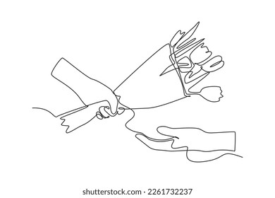 Continuous one line drawing hand gives tulips flower to other hand. Spring concept. Single line draw design vector graphic illustration.
