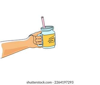 Continuous one line drawing hand holding smoothie juice in glass cup with fruit slice on top. Cold soft drink for summer. Healthy beverage. Vitamin C food. Single line draw design vector illustration