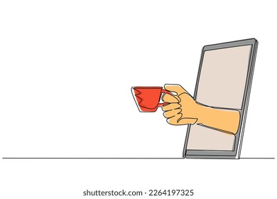 Continuous one line drawing hand holding cup of hot coffee through mobile phone. Concept of cafe drink order delivery online food. App for smartphones. Single line draw design vector illustration