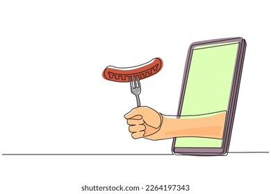 Continuous one line drawing hand holding sausage on fork through mobile phone. Concept of restaurant order delivery online food. Application for smartphones. Single line draw design vector graphic
