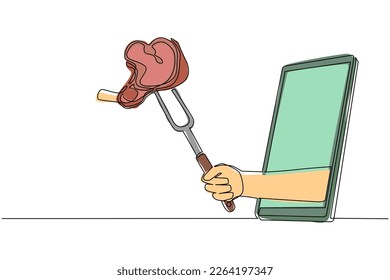 Continuous one line drawing hand holding steak on fork through mobile phone. Concept of restaurant order delivery online food. App for smartphones. Single line draw design vector graphic illustration