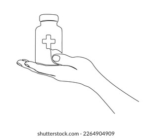 Dibujo continuo de una línea de la botella de medicina de mano. medicamentos médicos simples farmacia cuidado línea de arte ilustración vectorial.