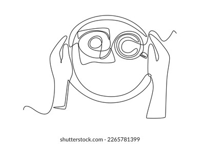 Continuous one line drawing hand holding breakfast. Healthcare at home concept. Single line draw design vector graphic illustration.