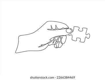 Continuous one line drawing of hand and puzzle. Business matching - connecting puzzle elements.  Puzzle game symbol and iconic business metaphor for problem solving, solution and strategy.