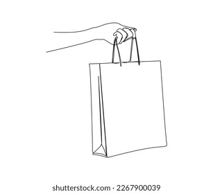 Continuous one line drawing of hand holding shopping bag. Simple paper bag line art vector illustration.  