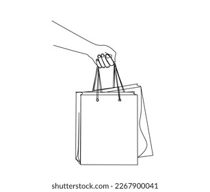 Continuous one line drawing of hand holding shopping bags. Simple paper bag line art vector illustration.  