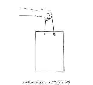 Continuous one line drawing of hand holding shopping bag. Simple paper bag line art vector illustration.  