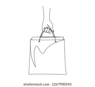 Continuous one line drawing of hand holding shopping bag. Simple paper bag line art vector illustration.  