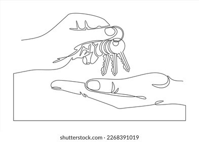 Continuous one line drawing of hand holds the keys to the car or apartment and handing it over to another person. Lines black on white background.