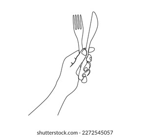 Continuous one line drawing hand holding knife   fork  Hand holding silverware simple line art vector design 
