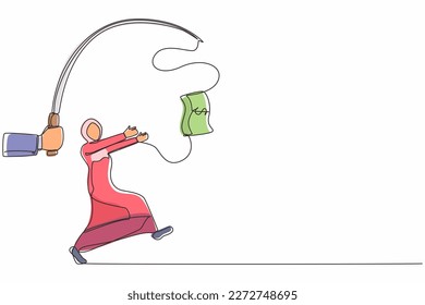 Continuous one line drawing hand with fishing pole and dollar cash control greedy Arab businesswoman under hypnosis. Woman running after dangling dollar, trying to catch it. Single line design vector