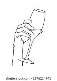 Continuous one line drawing of a hand holding a wine glass. Vector illustration.