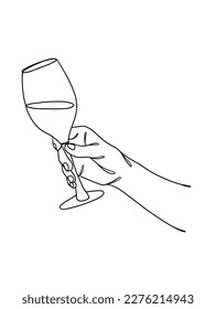 Continuous one line drawing of a hand holding a wine glass. Vector illustration.