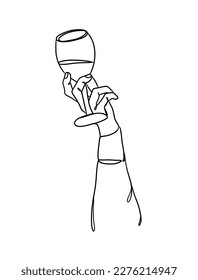 Continuous one line drawing of a hand holding a wine glass. Vector illustration.