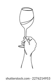 Continuous one line drawing of a hand holding a wine glass. Vector illustration.