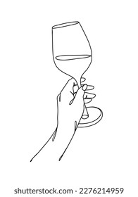 Dibujo continuo de una línea de una mano sosteniendo una copa de vino. Ilustración vectorial.