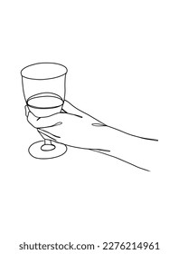 Dibujo continuo de una línea de una mano sosteniendo una copa de vino. Ilustración vectorial.