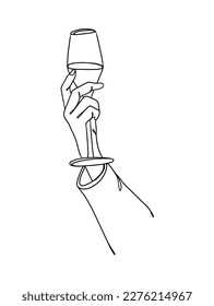 Continuous one line drawing of a hand holding a wine glass. Vector illustration.