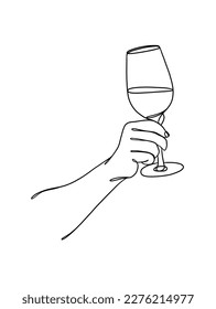 Dibujo continuo de una línea de una mano sosteniendo una copa de vino. Ilustración vectorial.