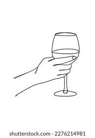 Continuous one line drawing of a hand holding a wine glass. Vector illustration.