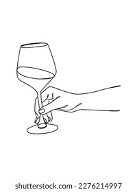 Continuous one line drawing of a hand holding a wine glass. Vector illustration.