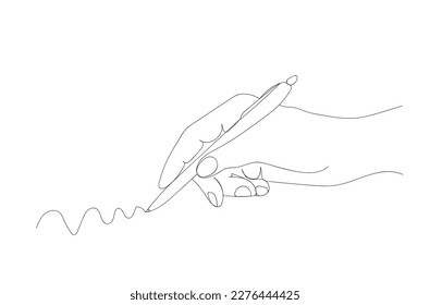 continuous one line drawing of a hand with a pen in the fingers.