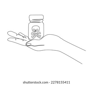 Continuous one line drawing hand holding poison in bottle  Bottle poison line art vector illustration 