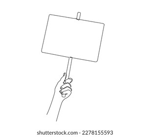 Continuous one line drawing of hand holding empty sign board. Hand holds plank, activism, campaign, announcement concept line art vector illustration.