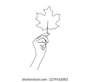 Continuous one line drawing hand holding maple leaf  Hand holds canadian leaf line art vector illustration 