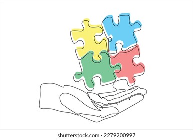 Continuous one line drawing of hand holding groupe of puzzle. Business matching - connecting puzzle elements.Puzzle game symbol and iconic business metaphor for problem solving, solution and strategy.