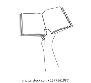 Continuous one line drawing of hand holding book. Reading book line art vector illustration.