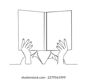 Continuous one line drawing of hand holding book. Reading book line art vector illustration.