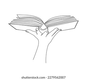 Continuous one line drawing of hand holding book. Hand holds open book line art vector illustration.