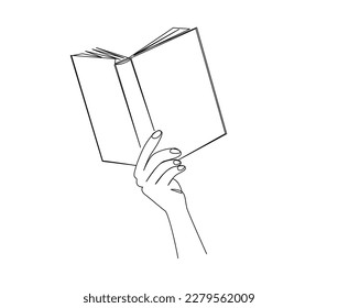 Continuous one line drawing of hand holding book. Reading book line art vector illustration.