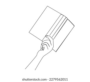 Continuous one line drawing of hand holding book. Reading book line art vector illustration.