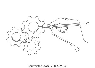 Continuous one line drawing of hand drawing gears. Concept of tech development, engineering, technology