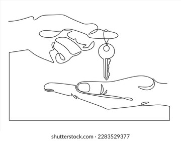 Continuous one line drawing of hand holds the key to the car or apartment and handing it over to another person. Lines black on white background.