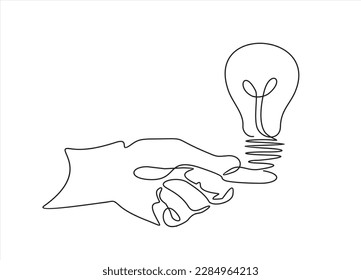 Continuous one line drawing hand holding light bulb symbol idea. BIG IDEA.