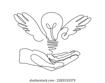 Continuous One  line drawing of hand launching light bulb with wings. Creative power concept.