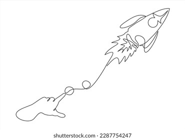 Continuous one line drawing of hand launching Rocket, ship. Continuous line drawing. Startup business. Vector illustration.	
