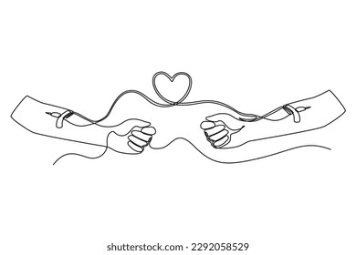 Continuous one line drawing one hand donates blood to the other forming a heart. World blood day concept. Single line draw design vector graphic illustration.