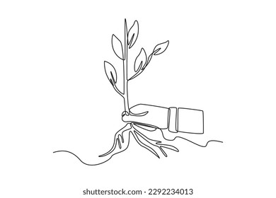 Continuous one line drawing hand holding a plant with many roots. World environment day concept. Single line draw design vector graphic illustration.