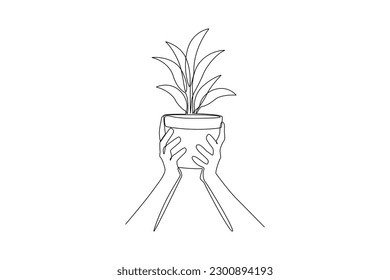 Continuous one line drawing hand holds tree. World environment day concept. Single line draw design vector graphic illustration.