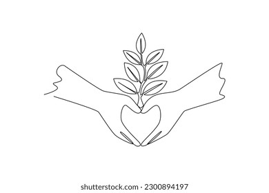 Continuous one line drawing hand holds tree. World environment day concept. Single line draw design vector graphic illustration.