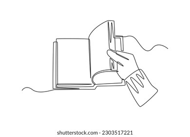 Continuous one line drawing hand open a book. Book lovers concept. Single line draw design vector graphic illustration.