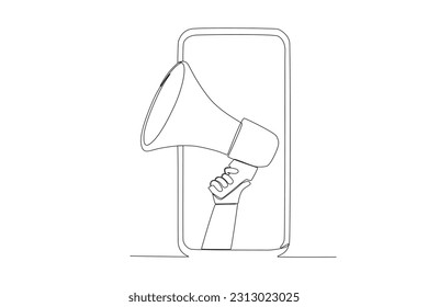 Continuous one line drawing hand holding megaphone coming out from smartphone screen marketing concept single line