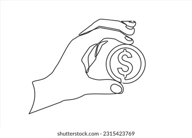 Continuous one line drawing of hand picking dollar sign. Thin line image of woman hand holding money concept. Vector illustration for banner, template, poster, infographics, business web, app.