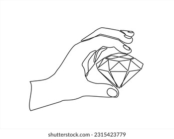 Continuous one line drawing of Hand holding a brilliant, diamond. Can used for logo, emblem, slide show and banner.One line vector illustration.